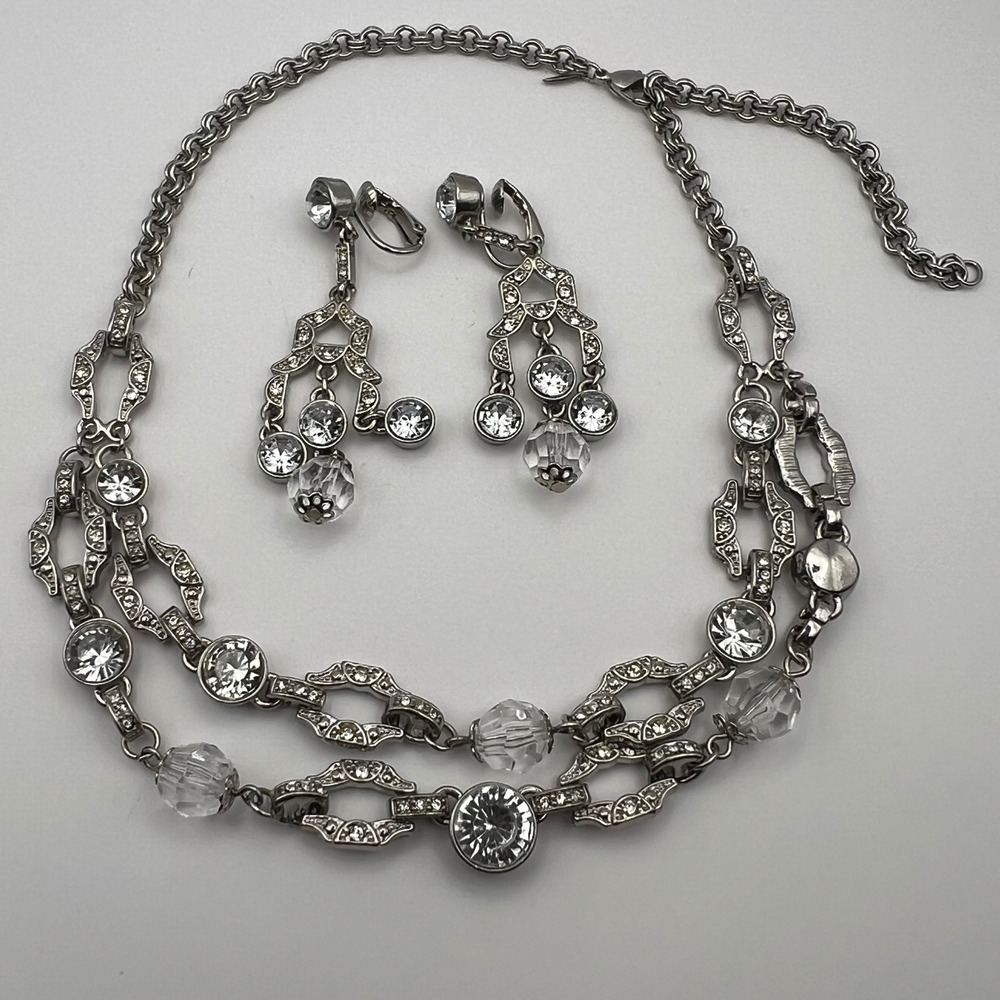 Vintage Avon Rhinestone & Crystal Necklace Earring‎ Set – Silver Tone Chandelier